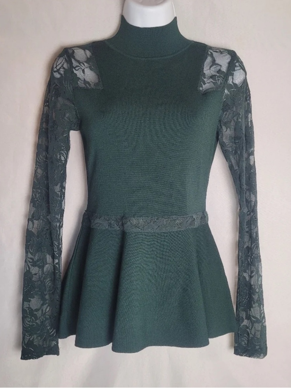INC Dark Green Peplum Top with Lace Sleeves